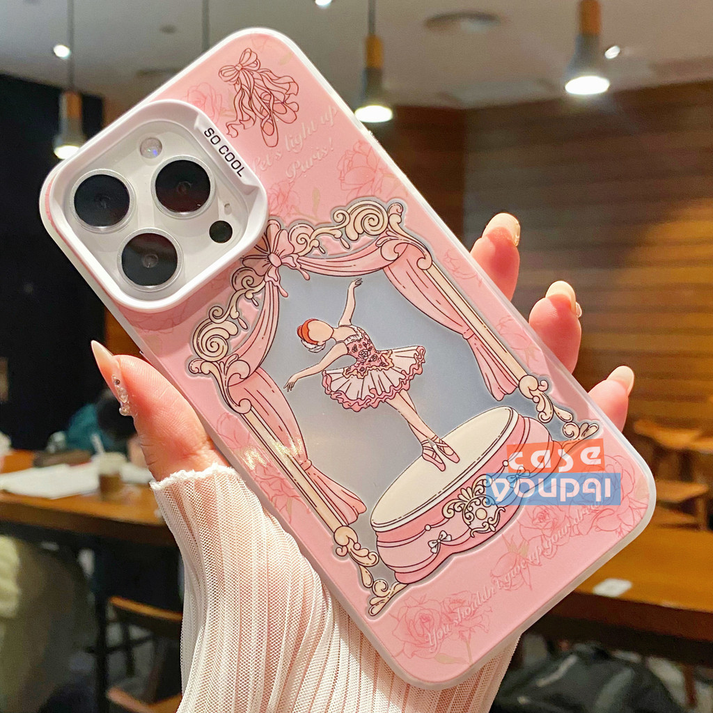 Silver White Case iPhone 13 Pola gadis balerina kotak musik merah muda Penutup Penuh Perlindungan Pe