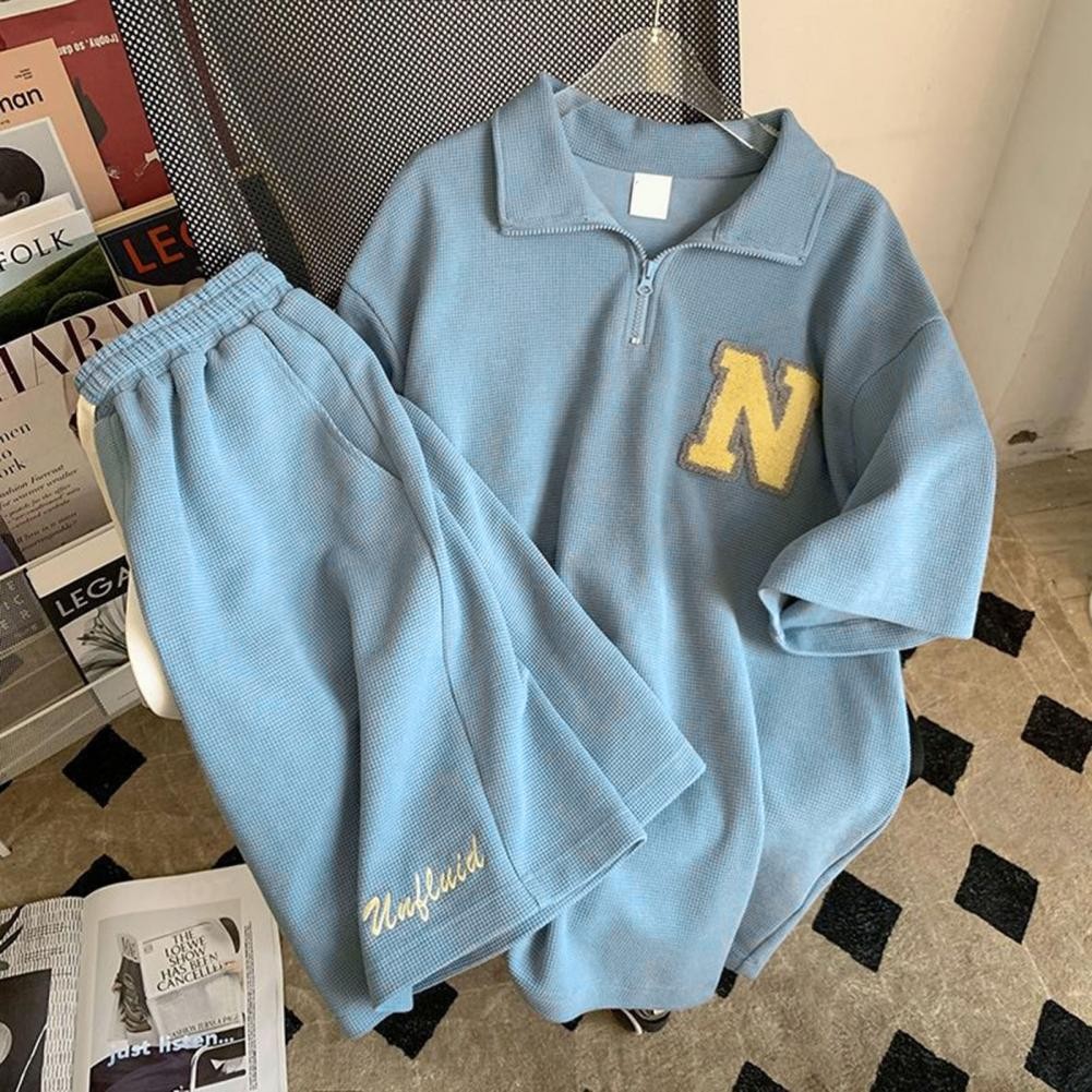

Waffle Handsome Two-piece Set Women Summer HongKong Tops Wide Leg Shorts Short-sleeved Shirt+Letter Shorts Casual Sports Suit