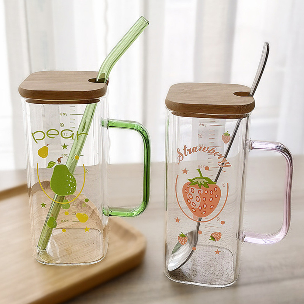 

350ML lovely glass cups square water cup heat-resistant milk juice beverage mug with lid and straw coffee mugs wine glass set