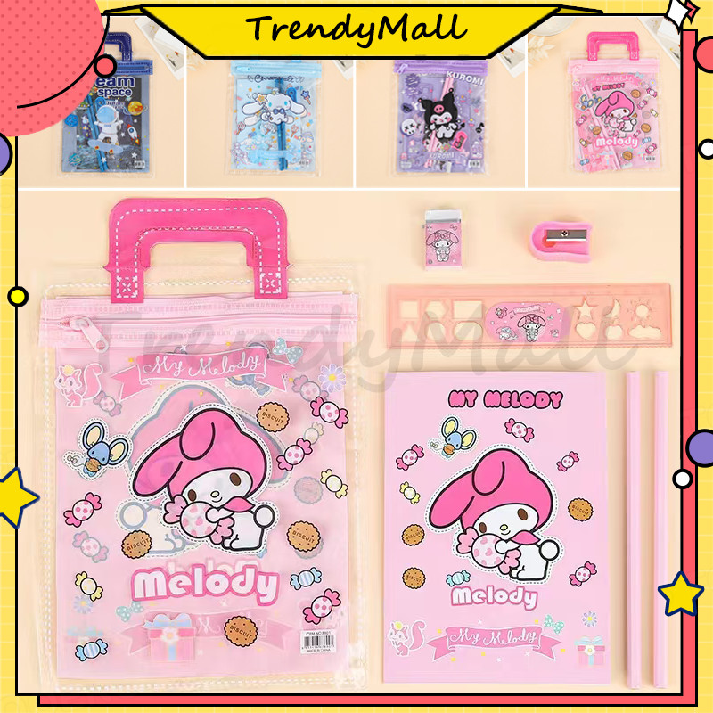 

Set Mini Pouch Bag Karakter/Stationery Set 6 in 1 Free Bag Alat Tulis /sanrio melody cinnamoroll kuromi stationery set/Paket Alat Tulis 6in1 Notes