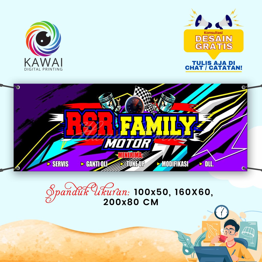 SPANDUK / BANNER Bengkel Motor Ungu Aesthetic Free Desain