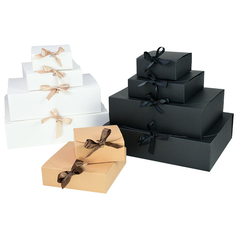 

White Black Kraft Paper Box Party Gift Box with Ribbon Wedding Birthday Handmade Candy Chocolate Cookie Packaging Decor Supplies