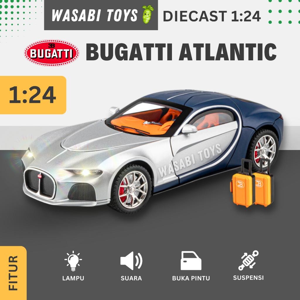 Miniatur Diecast 1:24 Bugatti Atlantic (Lampu, Klakson, Ban Belok, Suspensi, Aksesoris Koper)