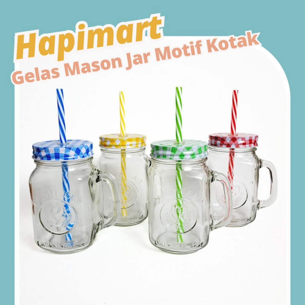 Gelas kaca Mason Jar Tutup Motif Kotak/Mug Kaca Bening Aesthetic 450ML