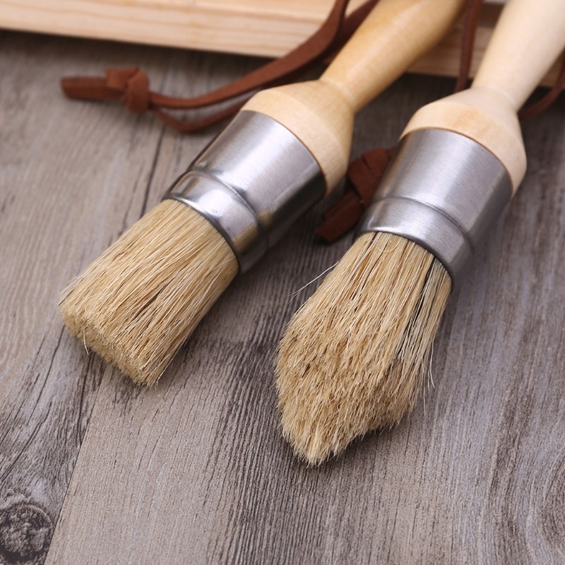 

2 Pcs Round and Pointed Chalk Paint Wax Brush Ergonomic Wood Handle Natural Bristle Brushes Furniture DIY Painting Waxing