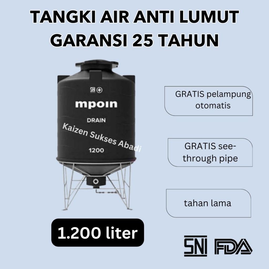 tandon toren tangki air plastik merek mpoin drain 1200 1000 liter kualitas penguin hitam anti lumut 