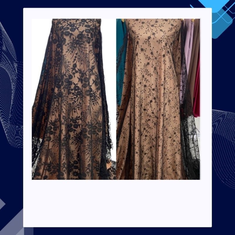 KAIN TILE BRUKAT KHUSUS HITAM BLACK SEQUIN MUTIARA CANTIK MURAH KEBAYA WISUDA TUNANGAN PESTA METERAN