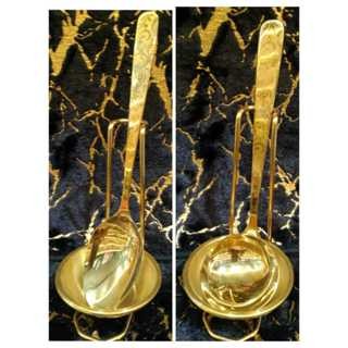 Sendok Sup I Lauk Prasmanan Stainless Gold & Tatakan Sendok Stainless Gold
