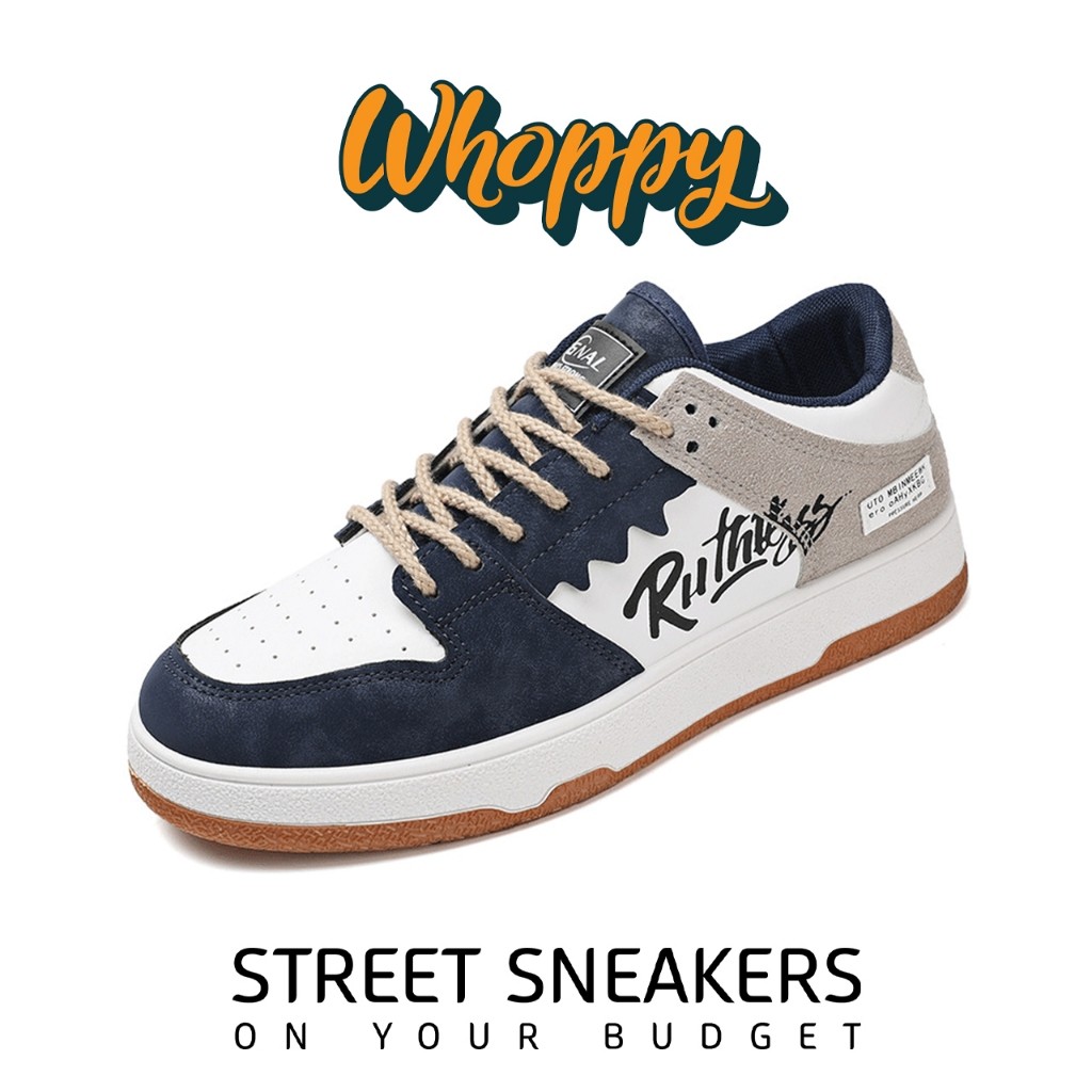 Whoppy SL23 Sepatu Cowok Keren Sneakers Casual Pria Dewasa Kulit Sintetis Putih Tulang Sport Shoes S