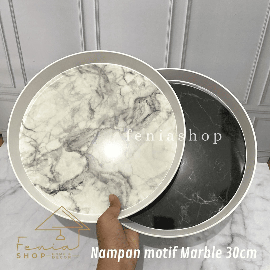 Nampan Bulat motif Marble Plastik Hijau Hitam Putih