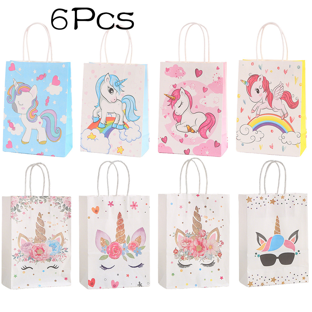 

6Pcs Cute Rainbow Unicorn Theme Paper Gift Packing Bag Candy Cookie Tote Bags for Kids Birthday Baby Shower Party Decoration