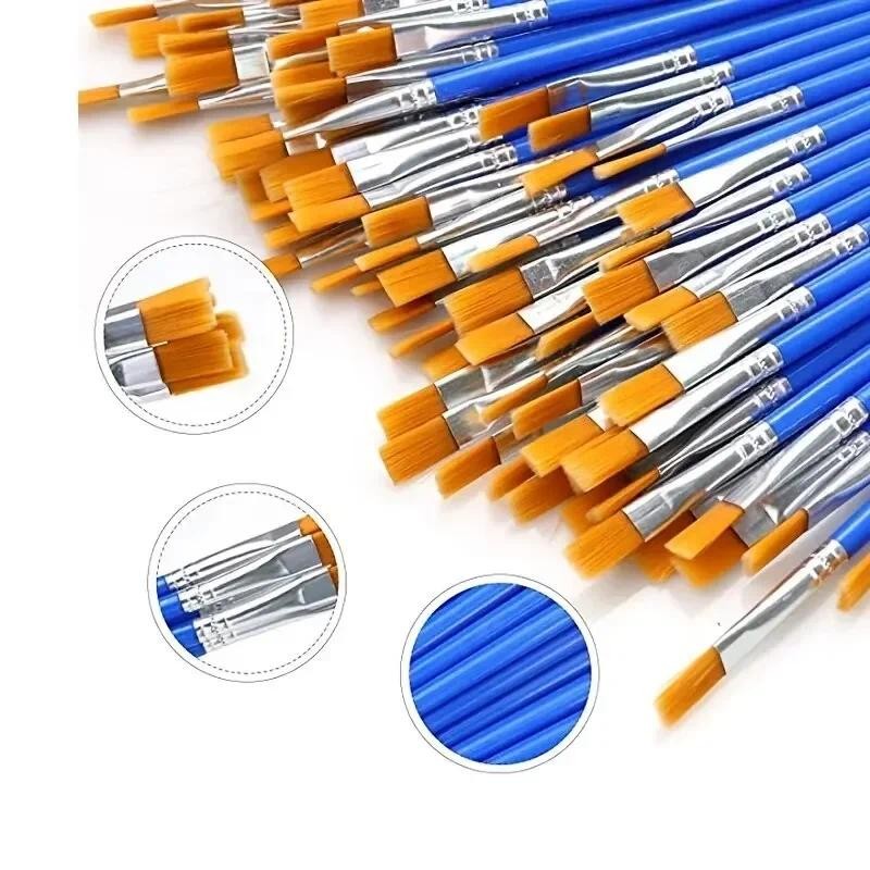 

50Pcs Painting Brushes Set - Round/Flat Nylon Bristles, Oil/Acrylic/Watercolor, for Kids, Artists, Beginners