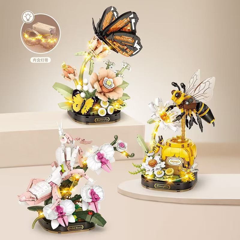 MOC Orchid Mantis Butterflies Bees Flower Insect Building Blocks Set Butterfly Plant DIY Toys Adults