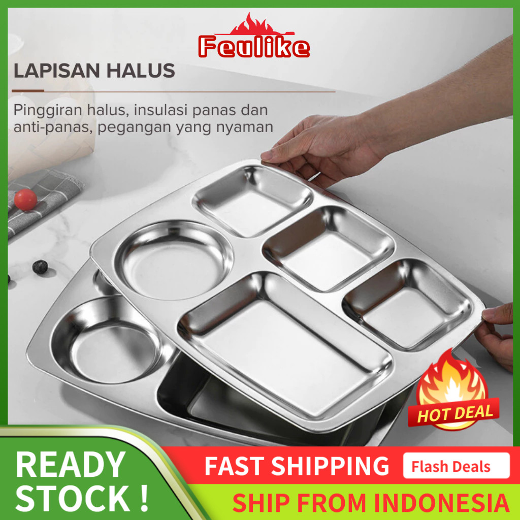 Feulike Mesh Tray Sekat 5 + Tutup Food Tray Stainless Sekat 5 Piring Makan Stainless Sekat 5 + Tutup
