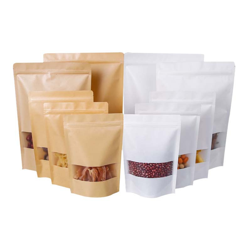 

50/100pcs Kraft Paper Zipper Window Bag Reusable Frosted Kraft Paper Bag Biscuit Bread Coffee Tea Candy Packaging Supplies