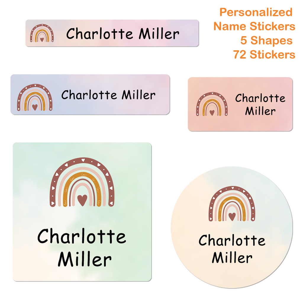

72pcs Personalized Waterproof Name Labels Kids Boho Rainbow Peel Stick Stickers Custom School Daycare Camp Nursery Label Pack