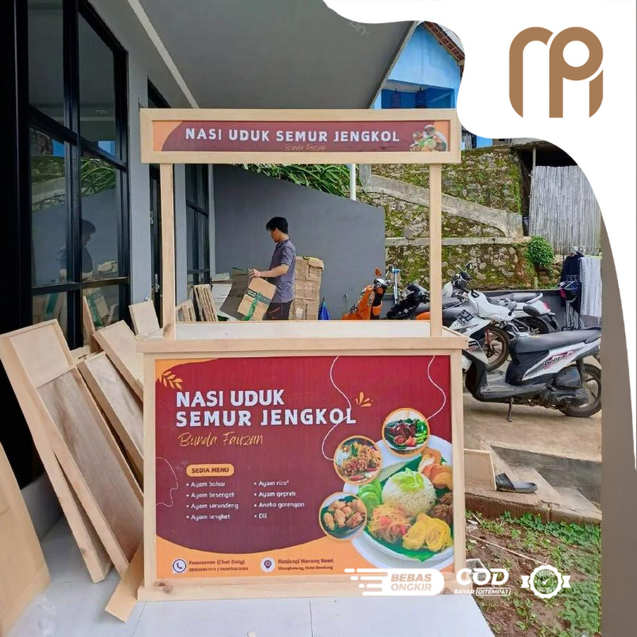 Booth Portable Lipat Kayu Pinus Premium – Meja Usaha Jualan Food & Minuman + FREE Desain Banner Cust