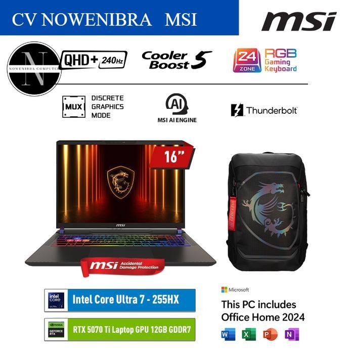 MSI VECTOR 16HX AI ULTRA 7 255HX RTX5070TI 16GB 512GB 16.0QHD+ 240HZ W11 OHS Laptop Gaming - 16GB