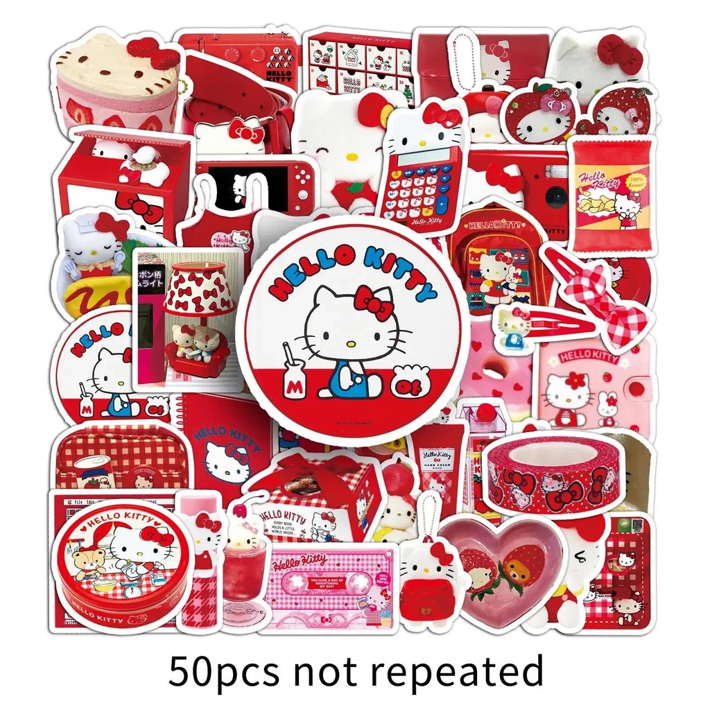 

Kawaii 50PCS Classic Red INS Style Hello Kitty Stickers DIY Phone Laptop Luggage Skateboard Graffiti Decals Fun for Kid Gift