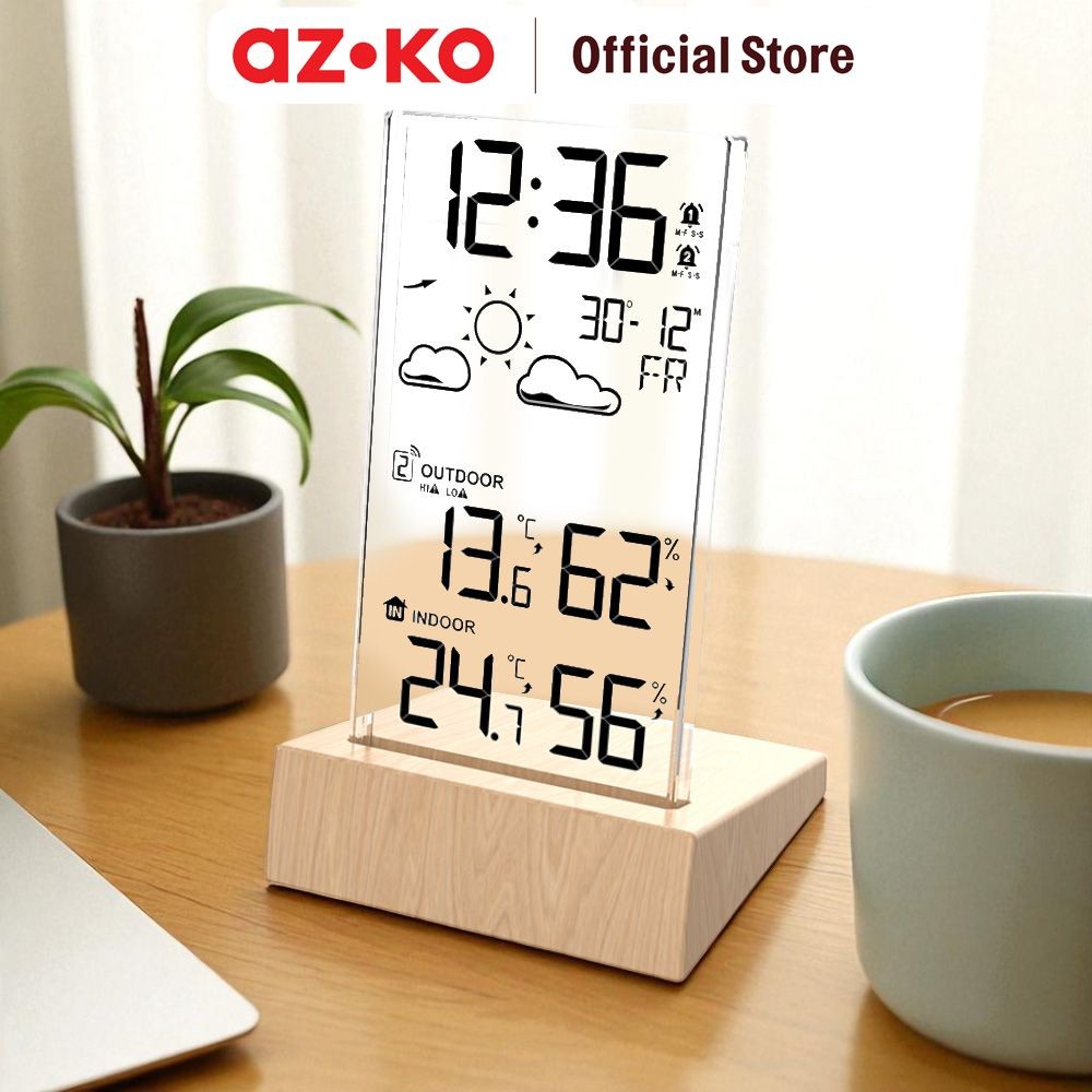 AZKO Forhom Jam Meja Lcd Digital Transparan Weather - Cokelat Wood Desk Clock Digital Clock Alarm Cl