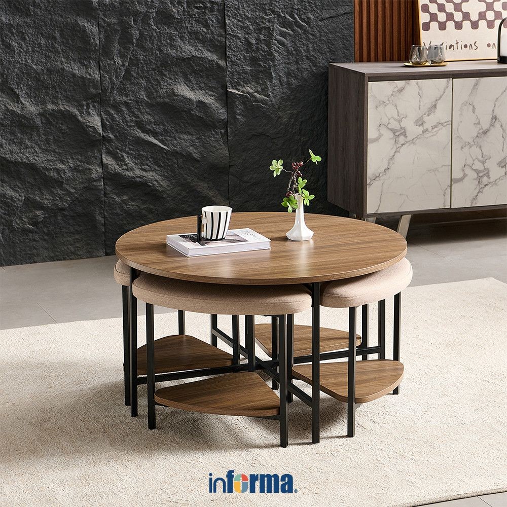 Informa Mila Set Kursi Dan Meja Tamu Round - Cokelat Walnut Coffee Table Meja Ruang Tamu Serbaguna M
