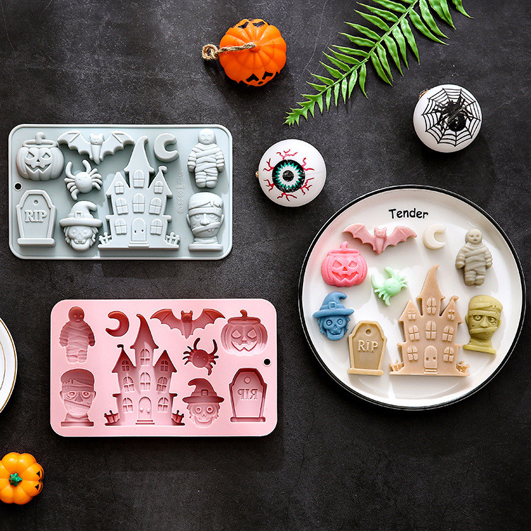 

1/2pcs Halloween Silicone Mold 9 Cavity Castle Tombstone Mummy Pumpkin Baking Mold for Cake Chocolate Candy DIY Deco