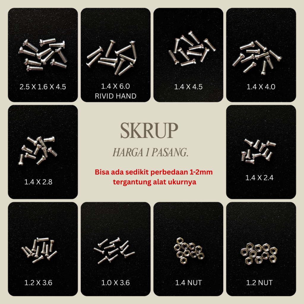 Baut & Mur Per Pasang Jual Eceran untuk memudahkan Pemasangan keperluan Kacamata , Baut kecil Mur Ke