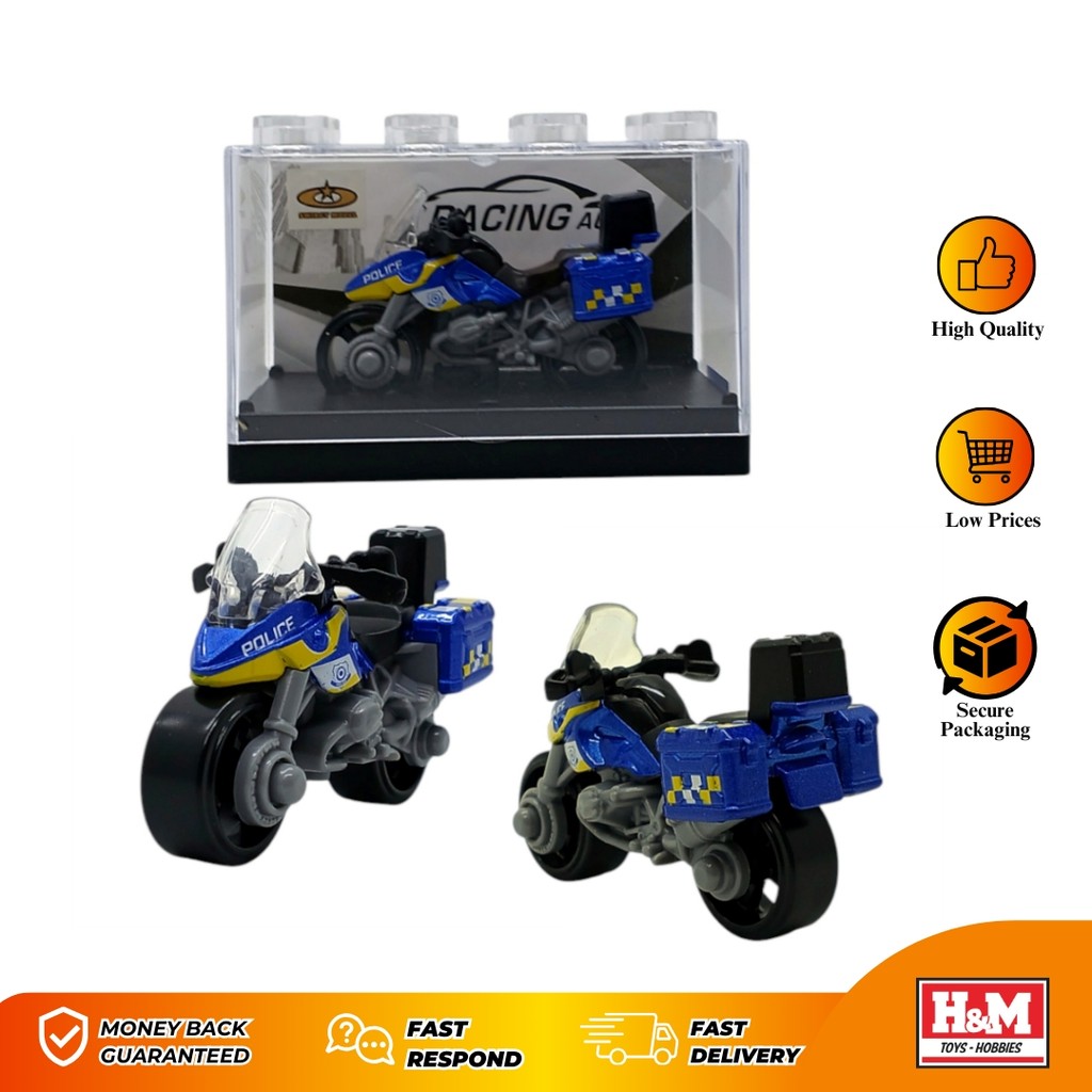 Diecast Motor Police Biru #1 - Mainan Kendaraan Motor Polisi - Kemasan Acrilic