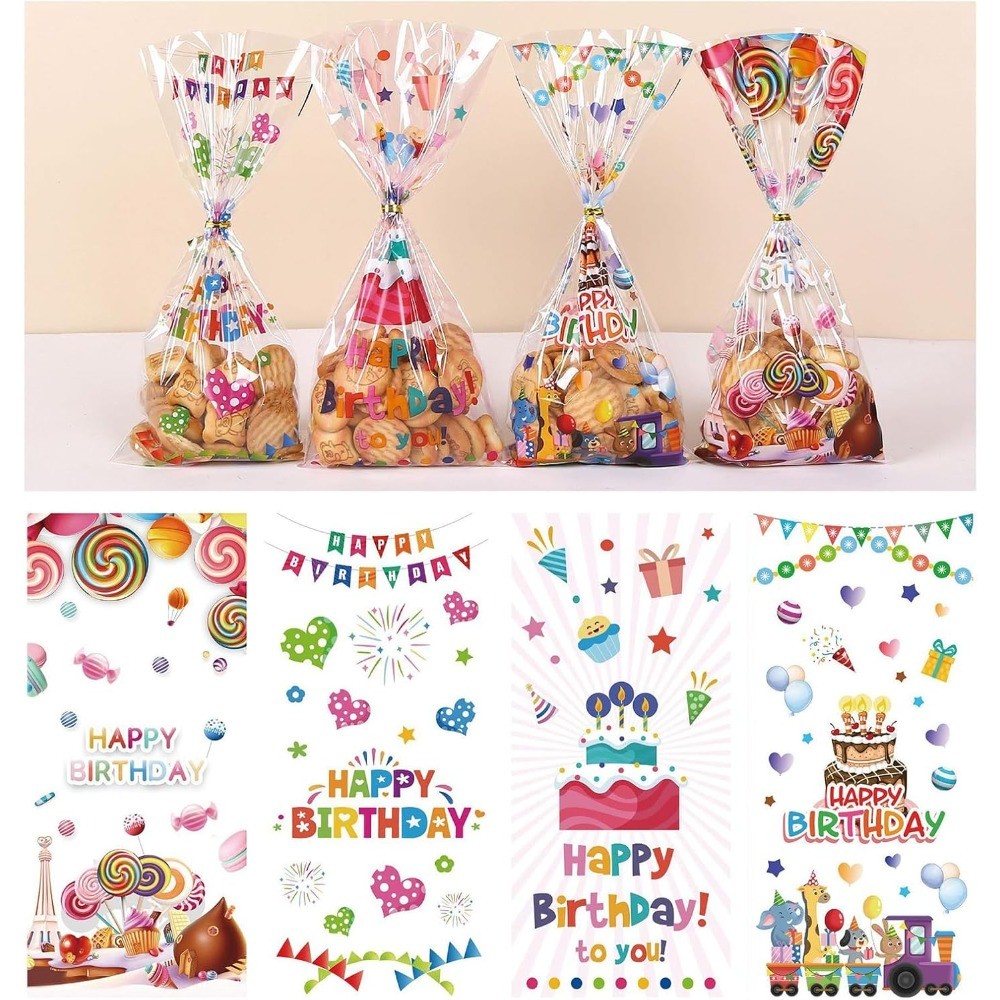 

50Pcs Happy Birthday Cellophane Goodie Bags Multi-color Clear Candy Bag Plastic Cake Star Treat Bags with Ties for Gift Cookie