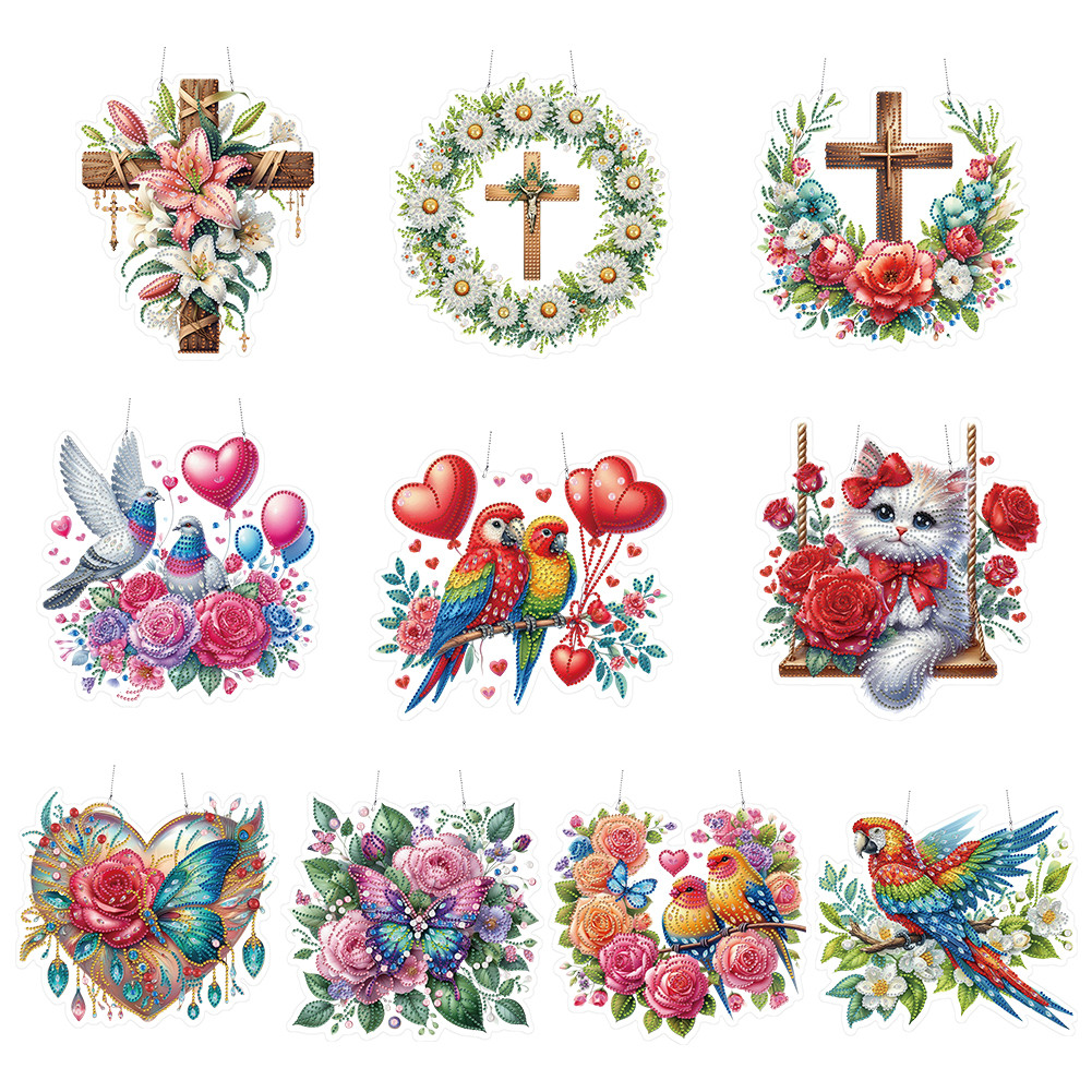 

Acrylic Special Shape Flower Cross 5D DIY Diamond Painting Dots Pendant Diamond Painting Hanging Pendant for Garden Window Decor