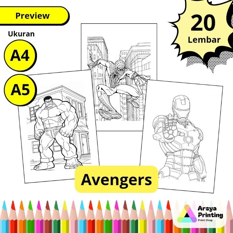 

20 Lembar Kertas Mewarnai Anak Tema Avengers Super Hero Spiderman Hulk Ironman Captain America Ukuran A4 A5claraa aurel