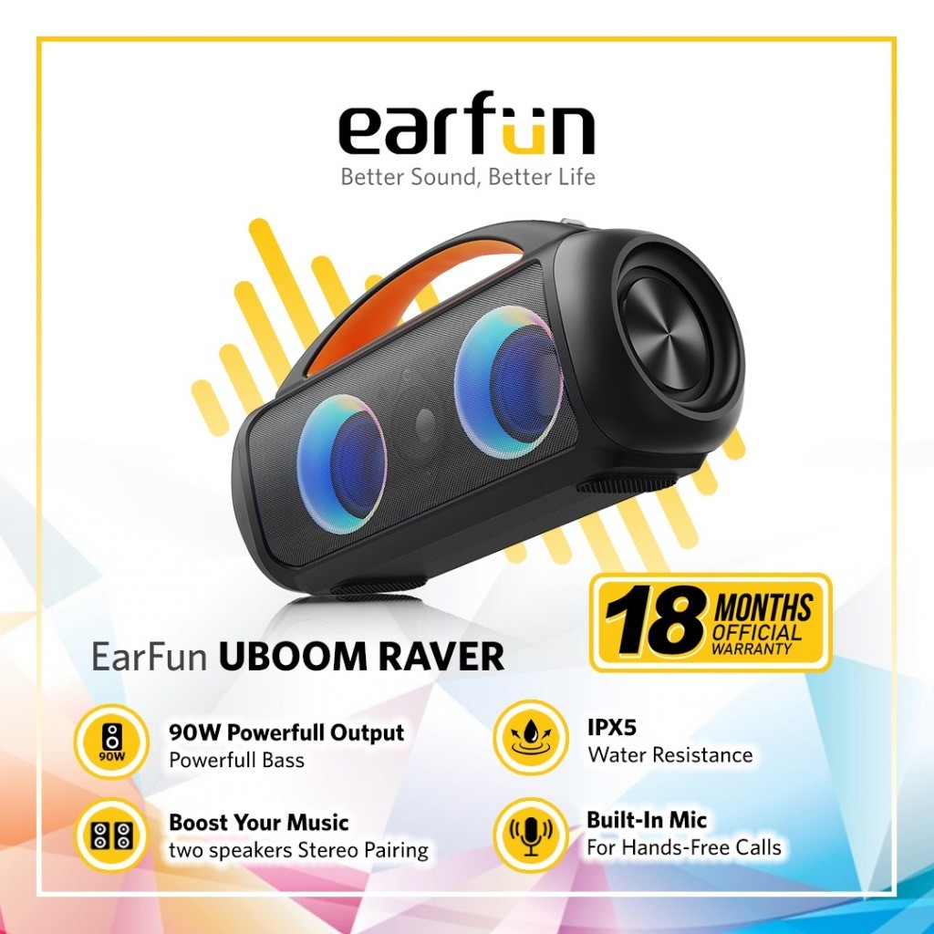 EarFun UBOOM Raver - Portable Bluetooth Party Speaker with 90W Powerful Bass & RGB LED Party Light