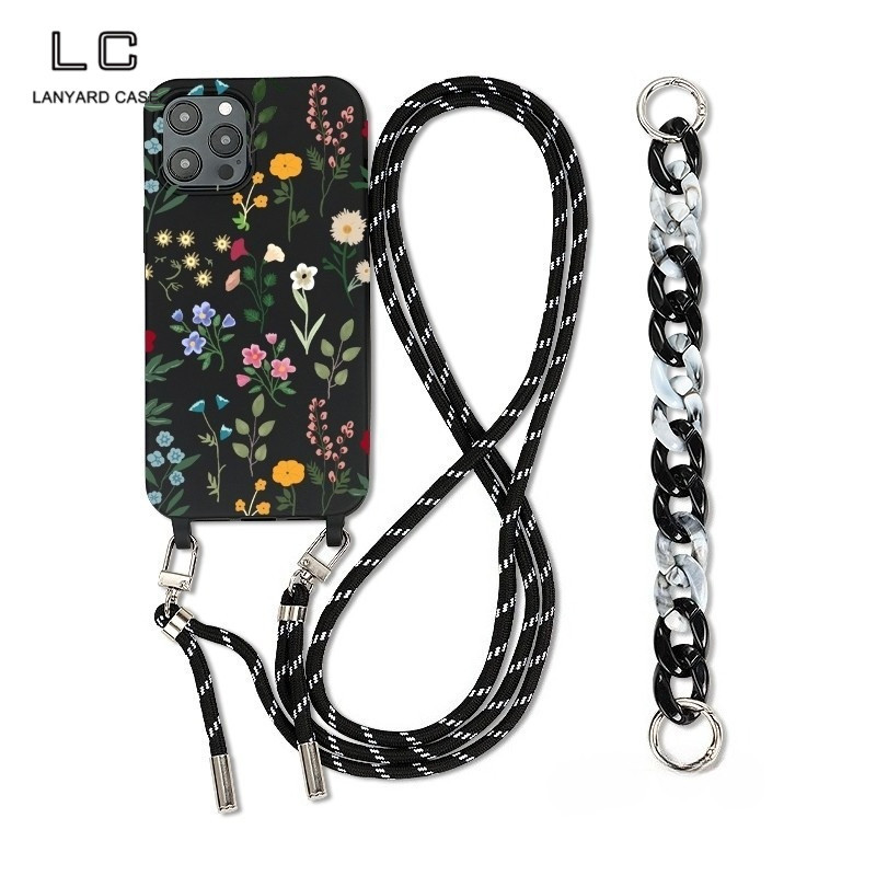 Tali Case Hitam Floral Rantai Crossbody Stylish for iphone 15 14 12 11 Pro Max 14Plus 12Mini cover