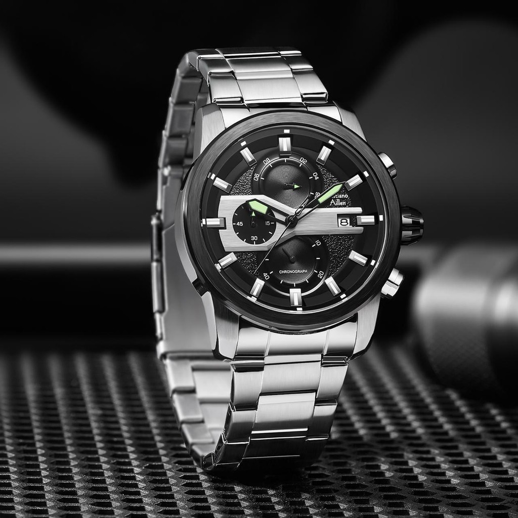 Cristiano Aillen Jam Tangan Pria Analog 8889 Rantai Stainless Steel Chronograph Kaca Sapphire Water 