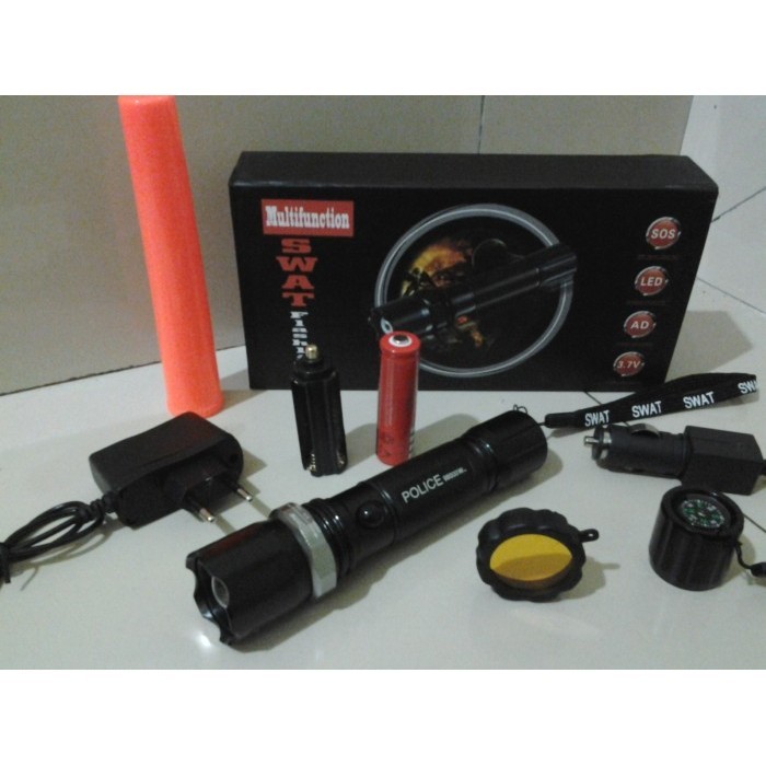 Promo | SWAT Flashlight / Senter Police Led ( + Batre Cas + Corong Lampu Lintas + Charger Kit + Saru
