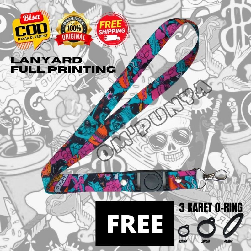 

Lanyard Gantungan Bonus 3 Karet Motif SKELETON BLUES Full Print Bolak Balik