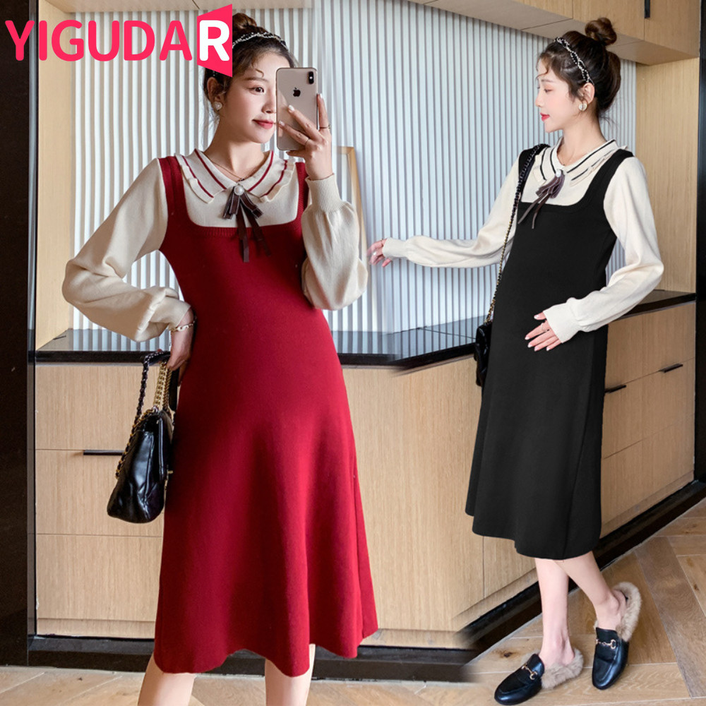 Fashion Patchwork Maternity Dress Spring Autumn Long Sleeve Fake Two Piece Dress Casual Vintage vest