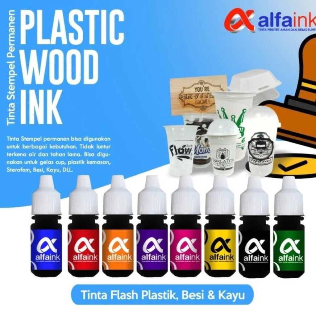 

Tinta Stempel Flash Permanent ALFAINK Plastic Wood Ink Flash Media Plastik Kayu Besi 8 Warna 5ML SHESB