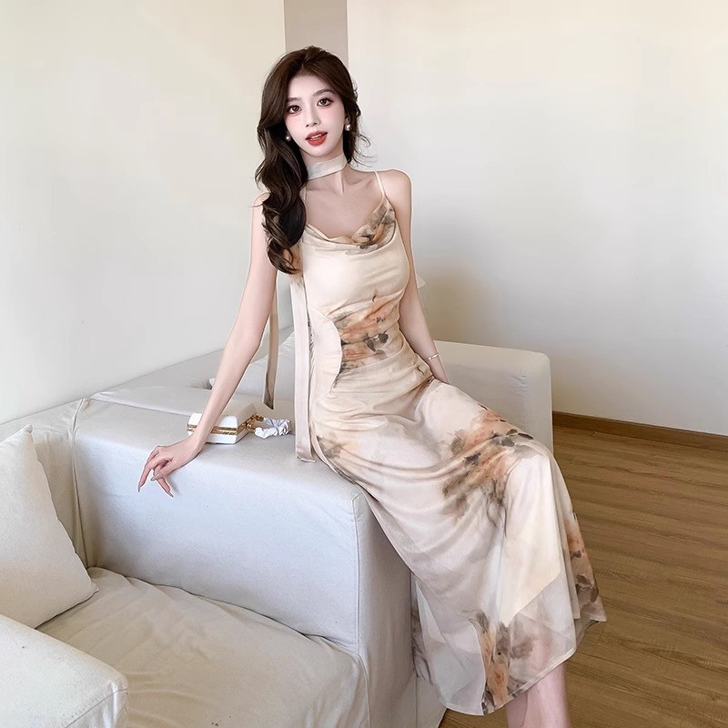 korean style long dress beige elegant Serut formal Gaun floral midi dress wanita tanpa lengan pantai