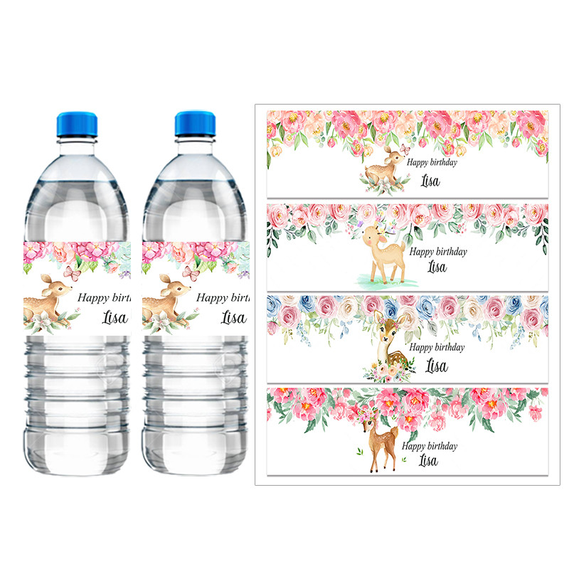 

30pcs Custom Cute Deer Bambi Water Bottle Labels Wraps Bambi Flower Welcome Baby Birthday Baptism Decor Self-adhesive Stickers
