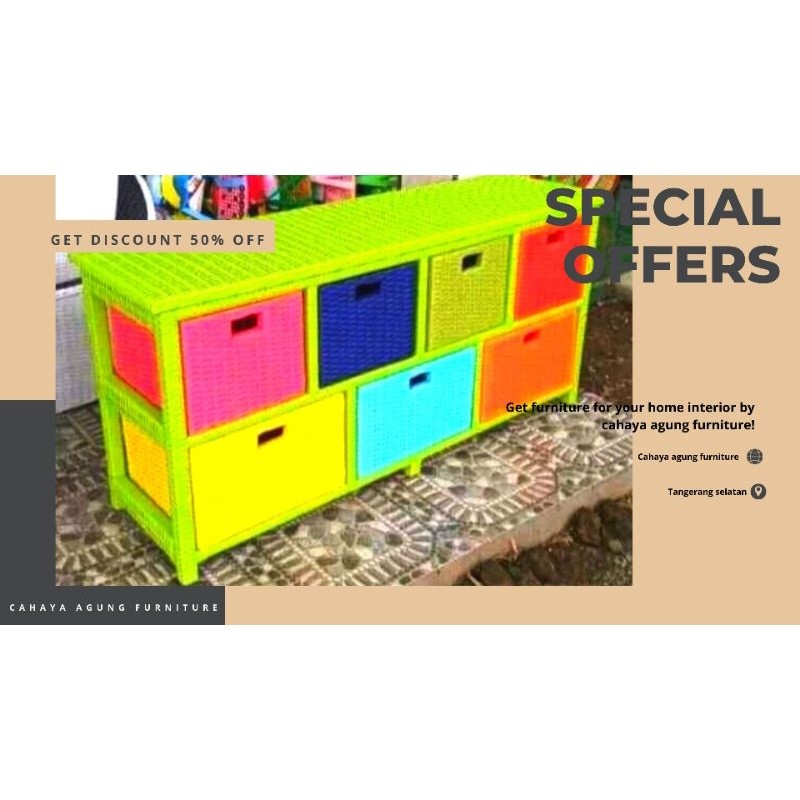 bufet anyaman rotan sintetis 7 laci