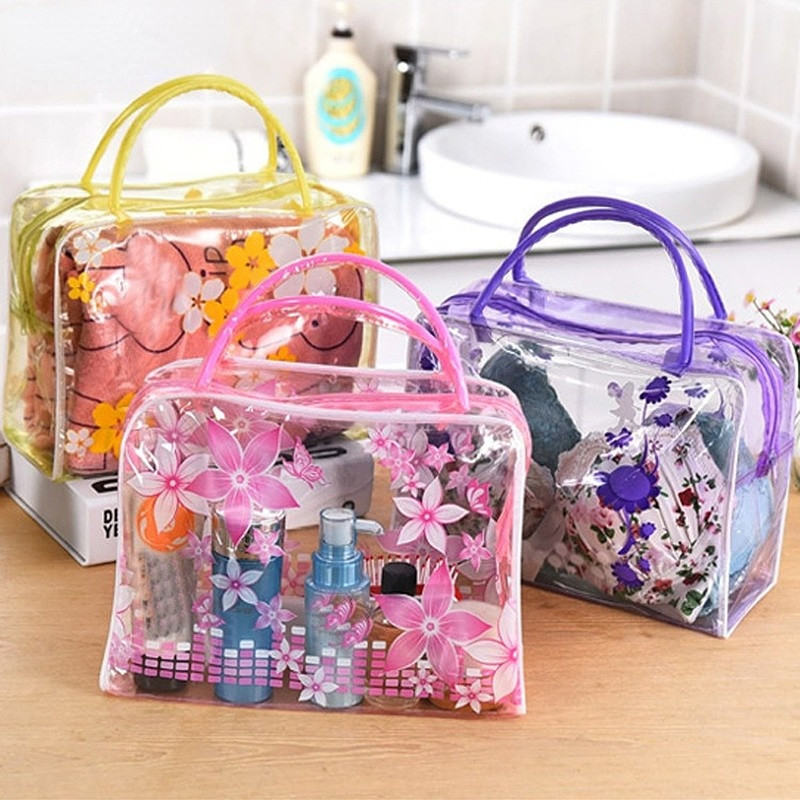 

Travel Makeup Wash Bag Clear Handbag Women Floral Transparent Cosmetic Bag Bathing Underwear Toiletries Waterproof Storage Bag