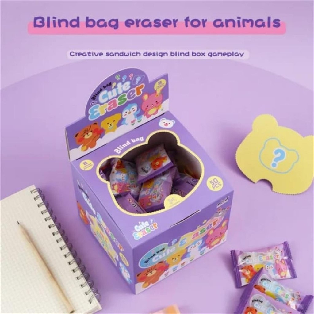 

(1 box/50pcs)Blind Bag Cute Eraser Penghapus setip hapusan karet fancy lucu kekinian karakter animal