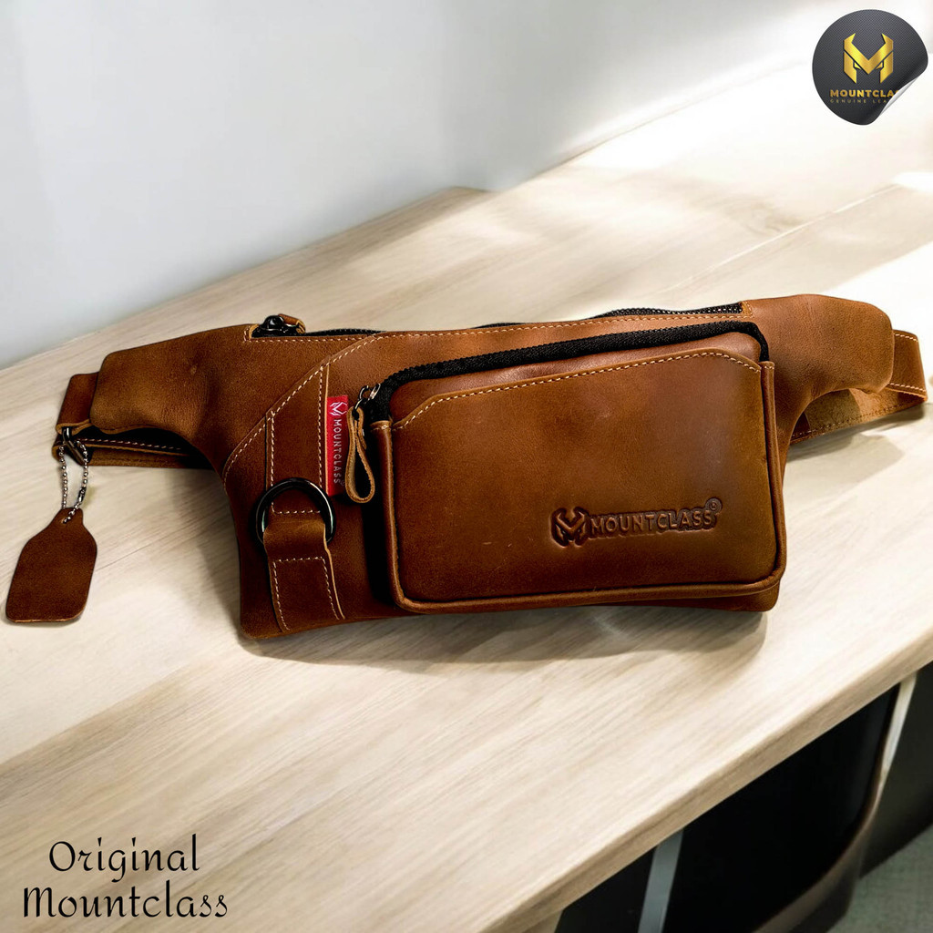 (Mountclass) Tas Selempang Pinggang Waistbag Kulit Asli Pria Cowok Waist Bag Weistbag Pria Kulit Sap