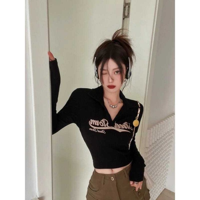 Baju Crop Top Lengan Panjang Wanita / Kaos Kerah Crop top lengan Panjang / Kaos Croptop Wanita / Lon