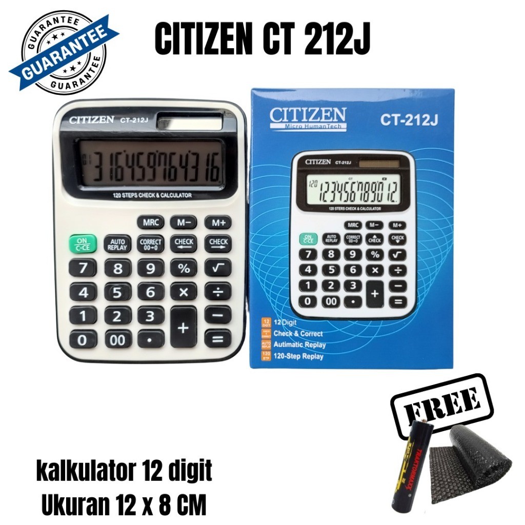 

Kalkulator CT 212 J Ukuran Sedang 12cm x 8cm 12 Digit 120 Step Replay Check and Correct Dual Power