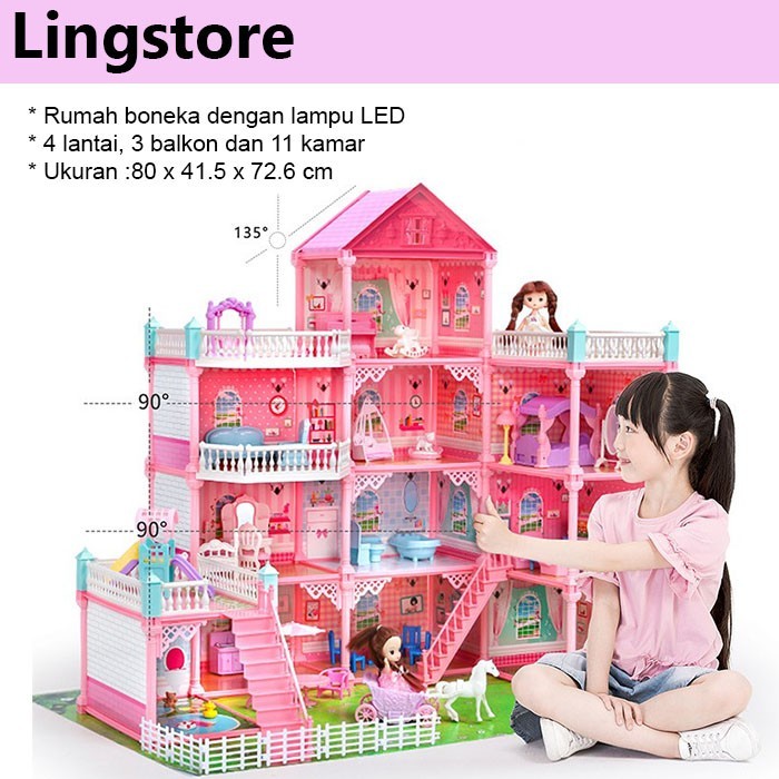 Mainan Rumah Boneka Putri 4 Lantai + Lampu LED
