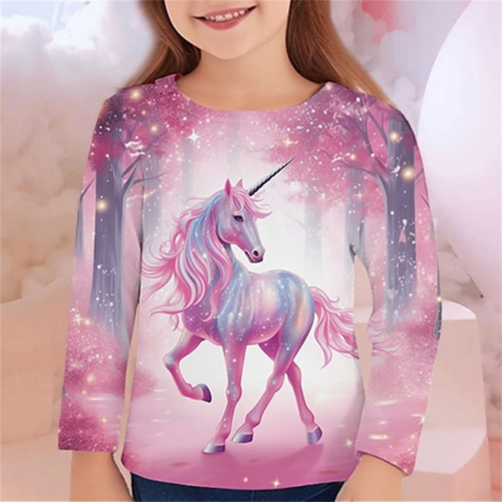 

Girl Clothes Horse Graphic T Shirts Children Long Sleeve Top 2024 Girl Summer Child Baby T-Shirt Children's Clothing Girls Tees