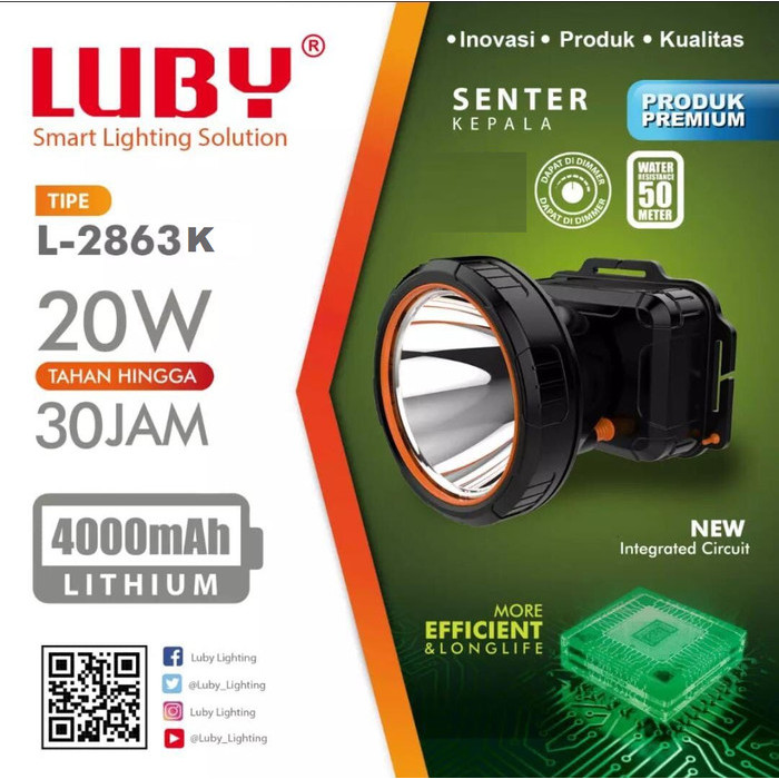 Luby Senter Kepala 20 Watt 30 Jam L 2863K CAHAYA Kuning | Senter Kepala Luby Cahaya Kuning Putih L-2