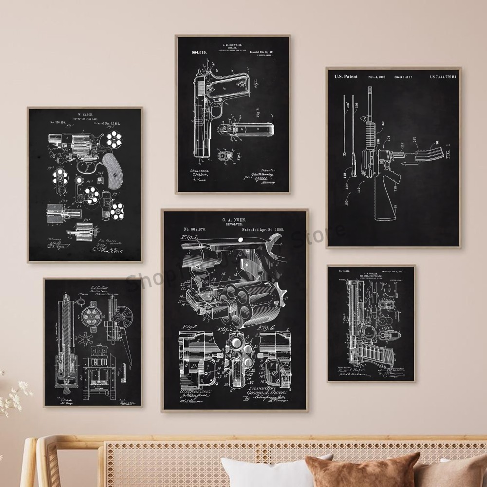 

1pc Gun Pistol Drawings Military Fans Poster Self-adhesive Art Waterproof Paper Sticker Coffee House Bar Room Wall Decor